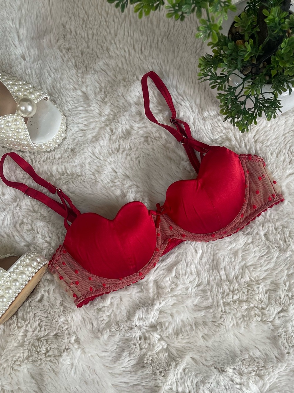 Fleur du Mal Red Silk Heart Balconette Bra 34B
